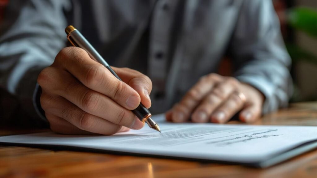 Author signing a publishing agreement during the book publishing process