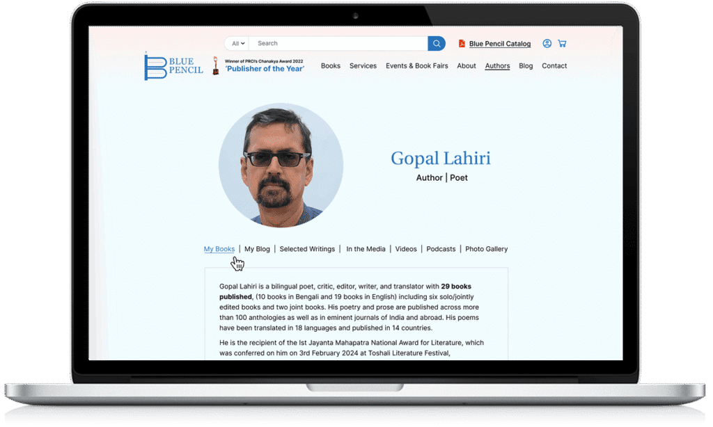 Gopal Lahiri author profile displayed on Blue Pencil Publishers website