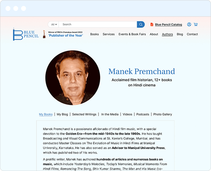 Author profile page of Manek Premchand on Blue Pencil Publishers