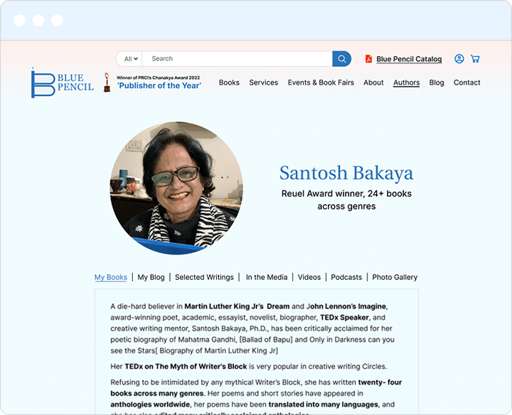 Author profile page of Santosh Bakaya on Blue Pencil Publishers