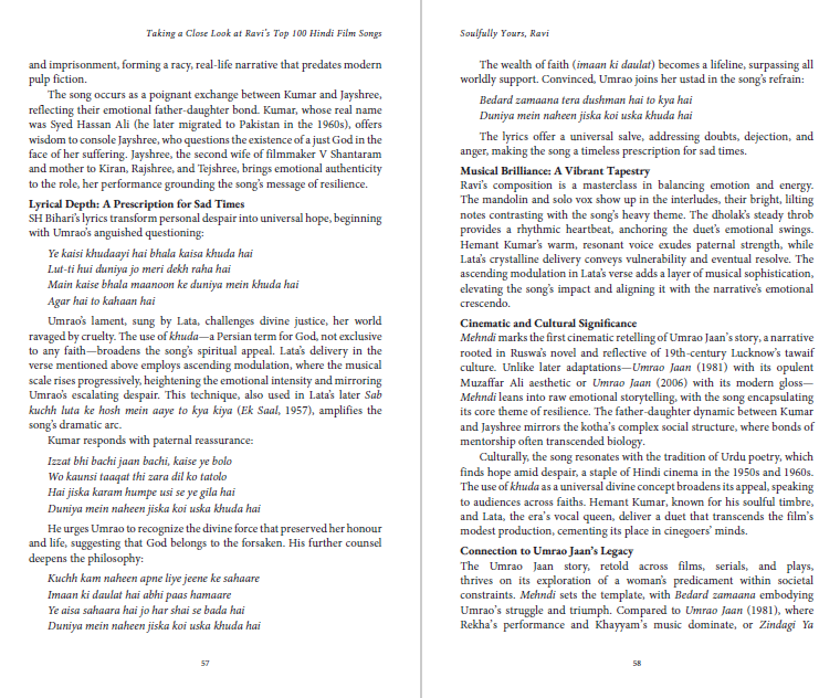 Book pages featuring analysis of a Hindi film song, including lyrical depth, musical brilliance, cinematic significance, and cultural context